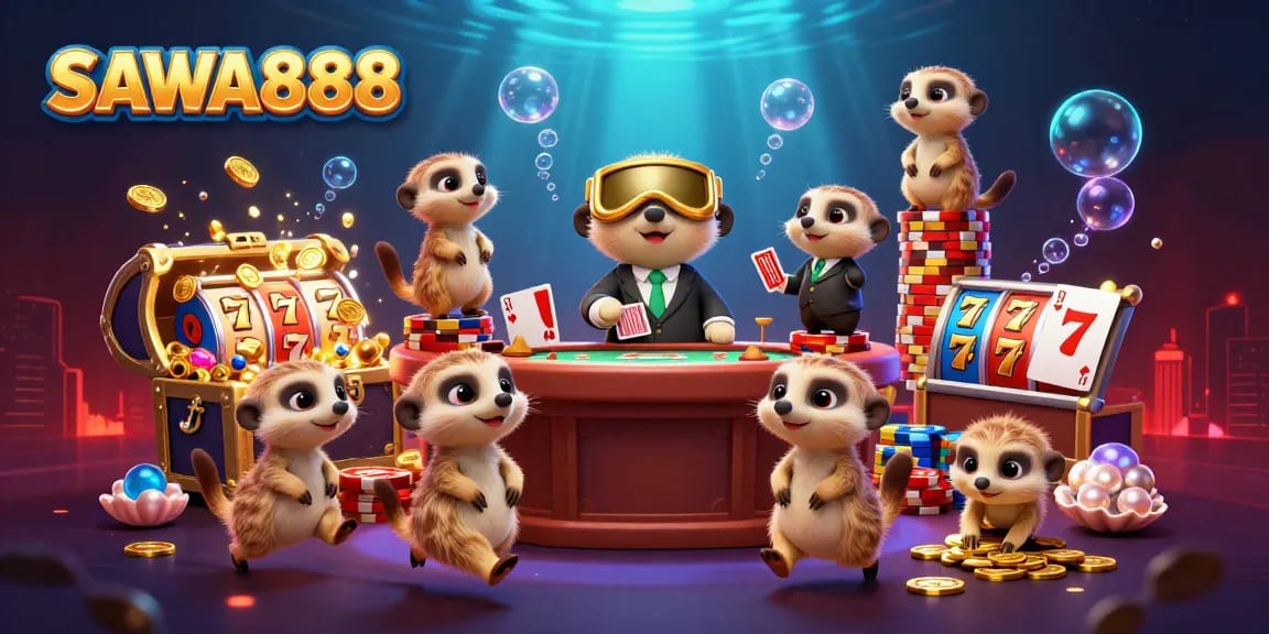 Experience the excitement at SAWA888 with meerkats running a vibrant casino, featuring slots and treasure.