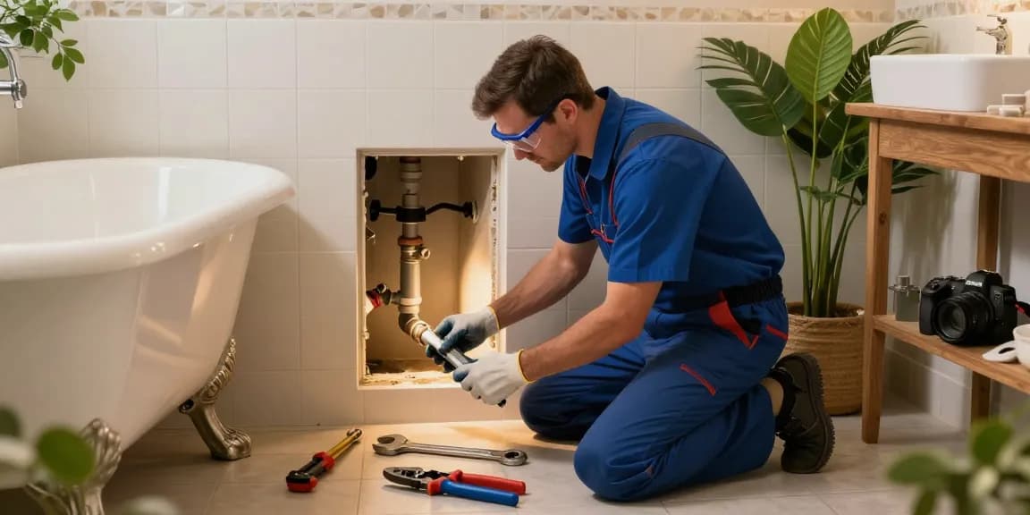 Sandy emergency plumber inspecting a burst pipe in a cozy bathroom setting