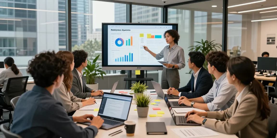 Marketing team discussing meta agency accounts in a contemporary office setting.