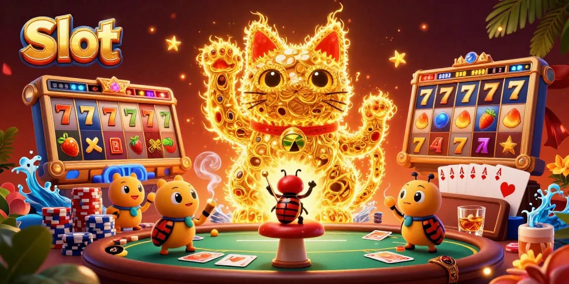 Spin vibrant slot reels in a captivating casino scene with a giant lucky cat and dramatic symbols.