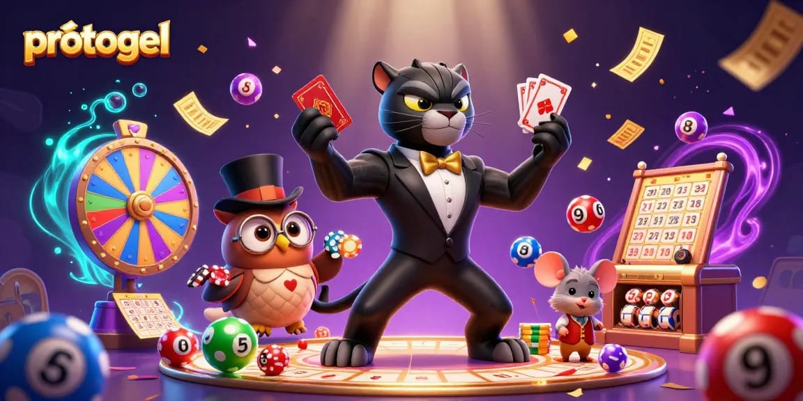 Experience excitement with protogel in this vibrant lottery scene featuring energetic characters and colorful game elements.