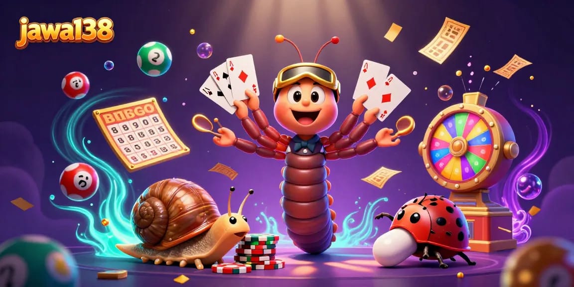jawa138 showcases vibrant casino excitement with unique characters like a millipede dealer and snail high-roller.
