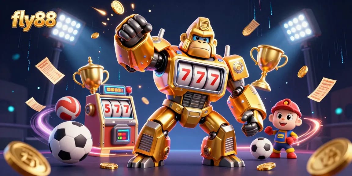 Engage with thrilling fly88 gaming experiences featuring a golden gorilla mech and dynamic sports elements.