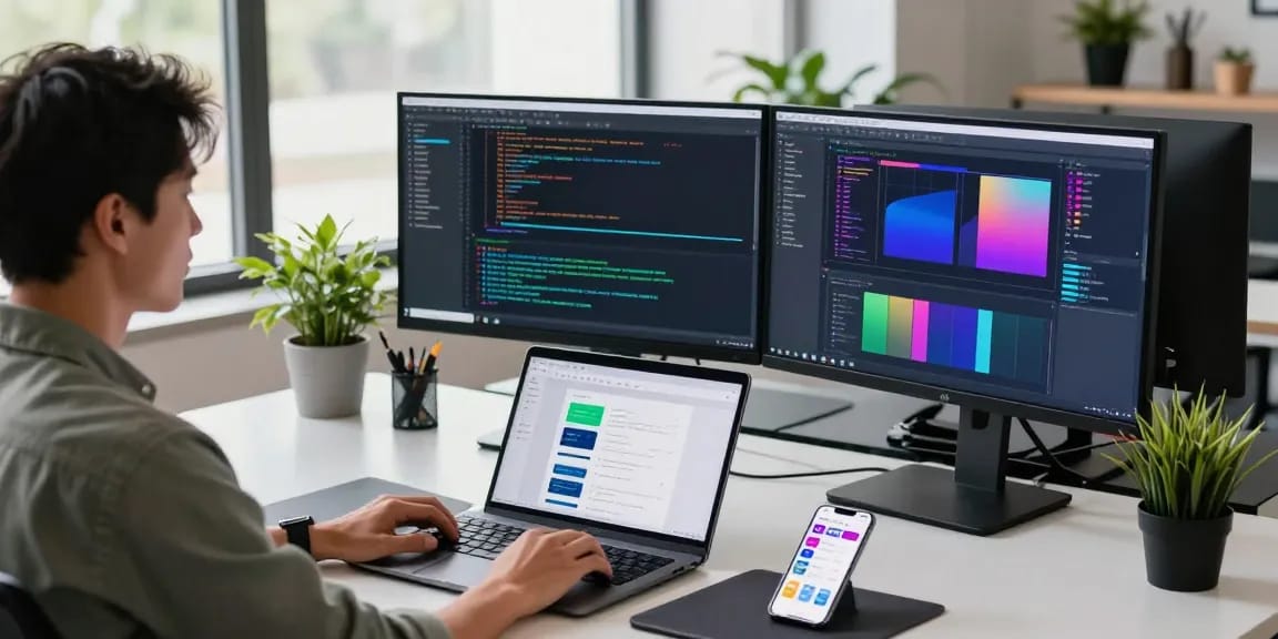Dynamic software development workspace highlighting 截图软件 in use with dual monitors and vibrant tech elements.