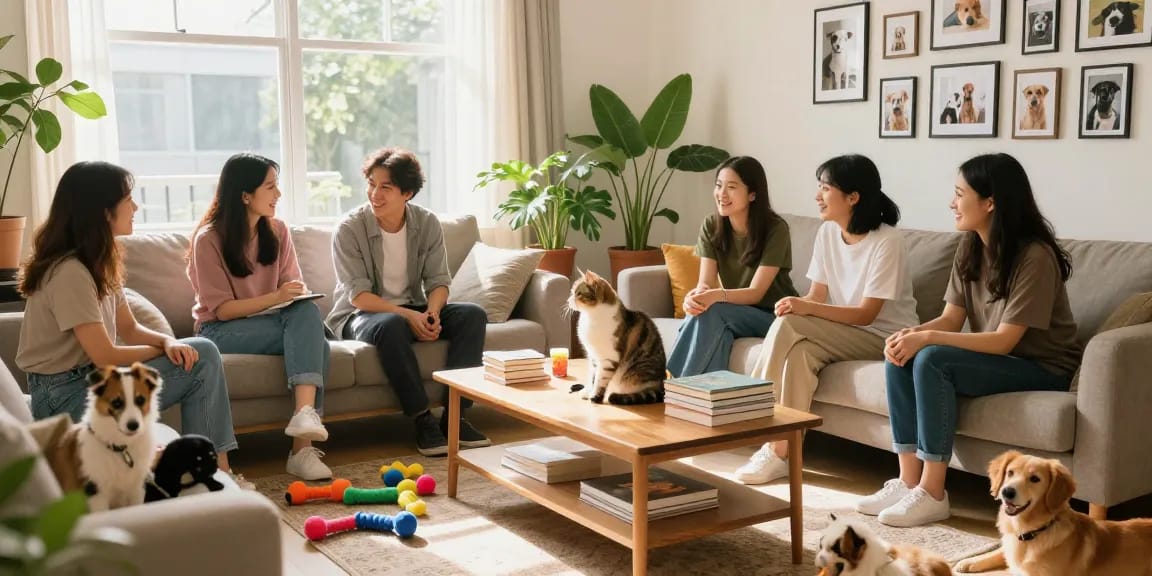 ROKOK88 community of pet lovers sharing stories and tips in a cozy living room.