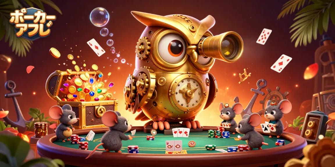 ポーカーアプリのために、ゲームテーブルで忙しいネズミたちを見守る時計仕掛けのフクロウ。