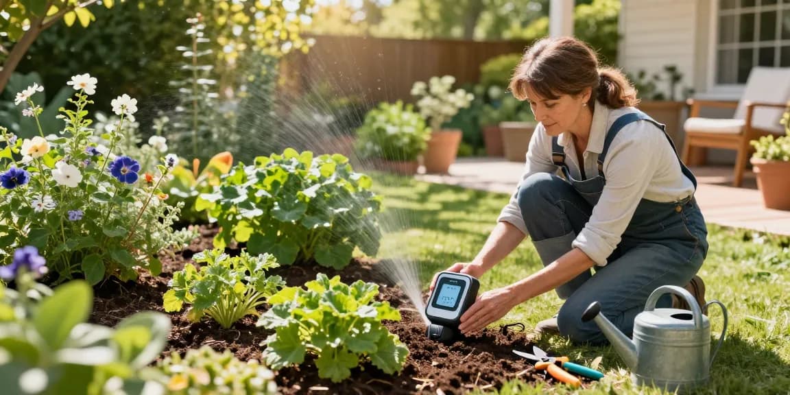 Gardener using a rainpoint smart sprinkler controller to monitor soil moisture in a vibrant garden.