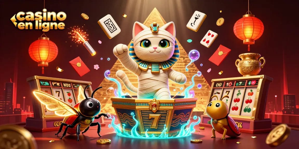 Jouer dans un casino en ligne où un chat momie égyptien émerge d'un sarcophage doré, entouré de symboles de fortune.