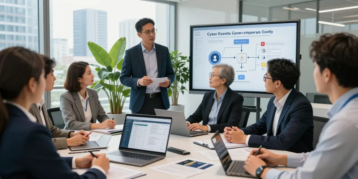 Cyber essentials quote discussion in a modern office setting with a diverse team collaborating on cybersecurity strategies.