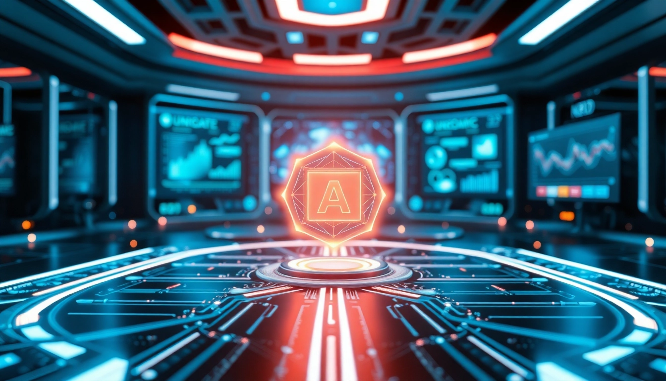 EORMC AI blockchain network illuminated in a high-tech setting showcasing data analysis and technology.
