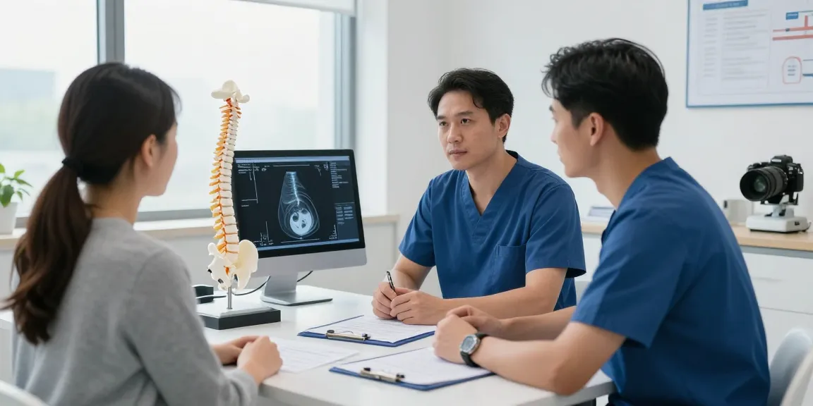 Consultation about Bel kayması ameliyatı with spine surgeon in modern medical clinic.