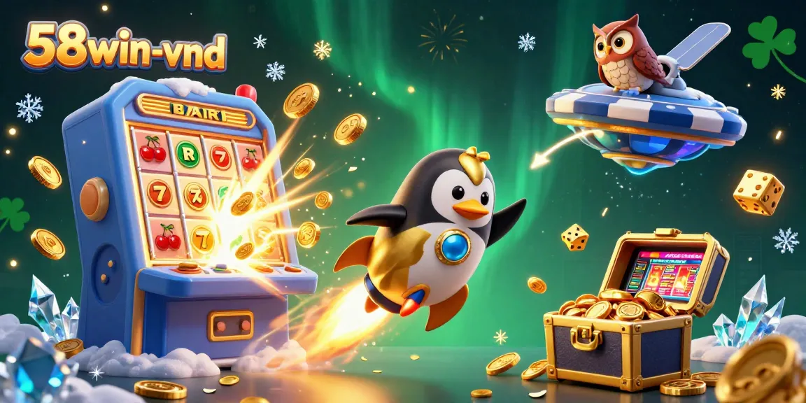 Experience thrilling gameplay at 58win-vnd with a dynamic casino illustration showcasing slot machines and golden coins.