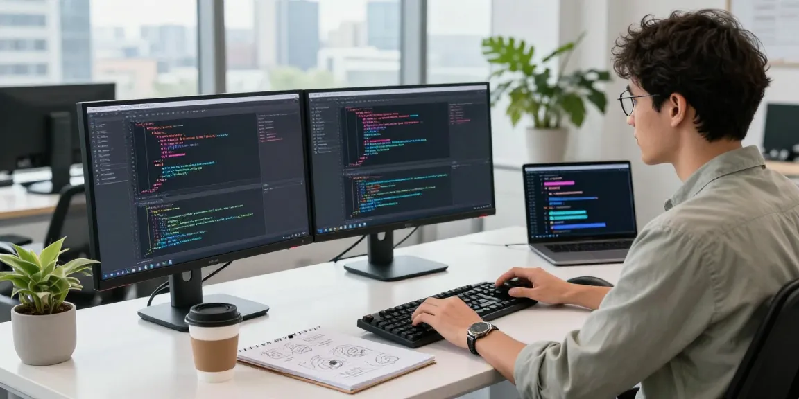 Engaged developer coding 纸飞机中文版 in a modern tech workspace filled with dual monitors and creative tools.