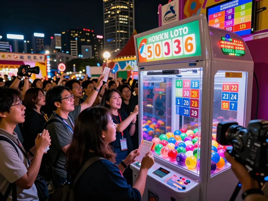 Live draw event showcasing Hongkong Lotto excitement with vibrant crowd and illuminated city backdrop.