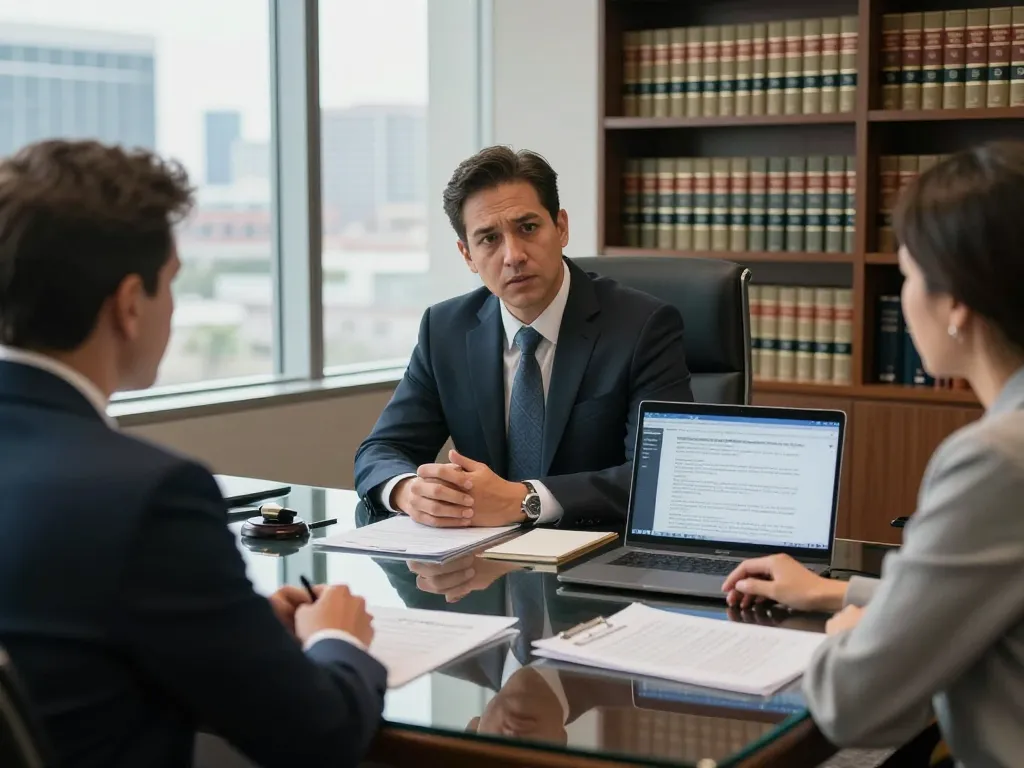 Tampa criminal lawyer consulting with client in modern law office about legal strategies.