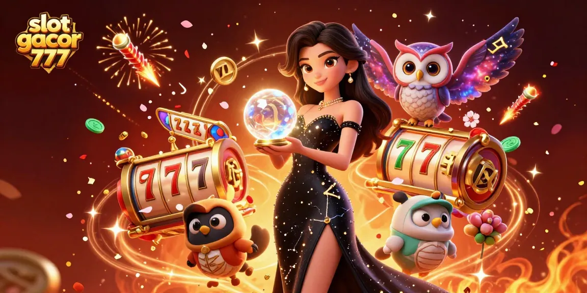 Play slot gacor 777 with a mystical scene featuring a woman, owl, and rich casino elements.