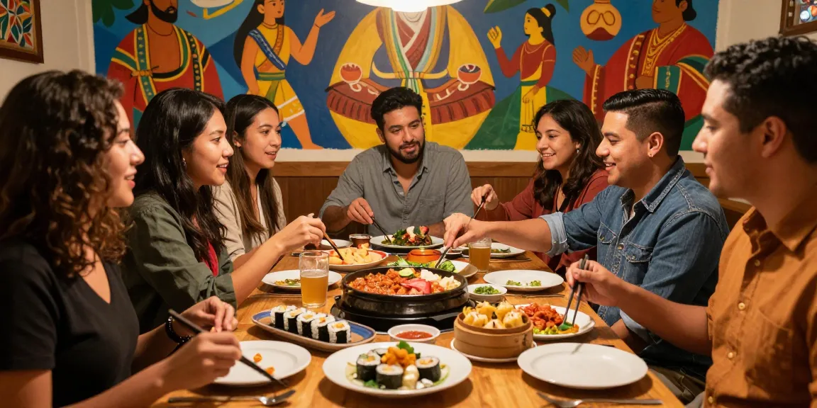 Friends enjoying Asian cuisine while discussing cultural experiences at https://hanadultalk.com, showcasing a vibrant cultural exchange.