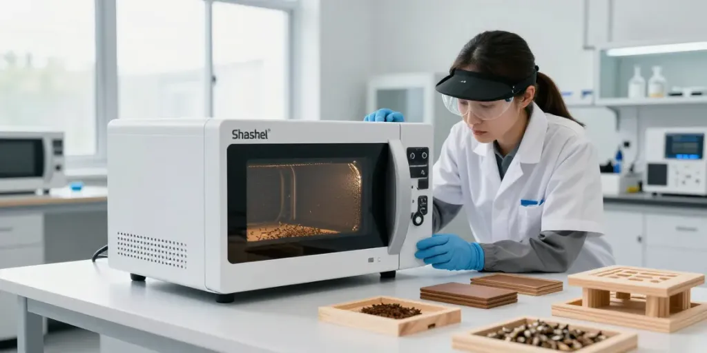 Shashel® microwave device in action, effectively eliminating wood-boring insects in a modern laboratory.