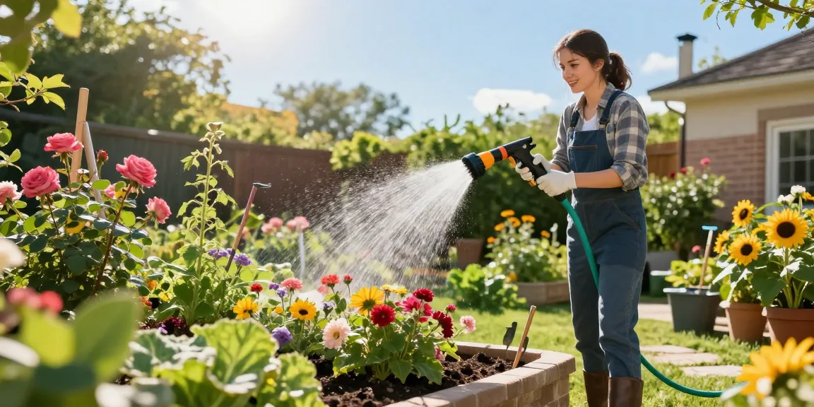 Using the best hose nozzle to water vibrant flower beds and vegetable patch in a sunny backyard.