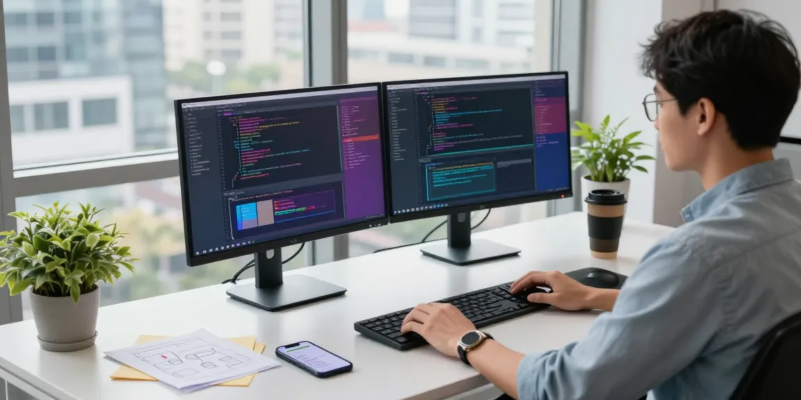 Developer coding on dual monitors in a vibrant tech workspace, focused on 纸飞机中文版 integration.