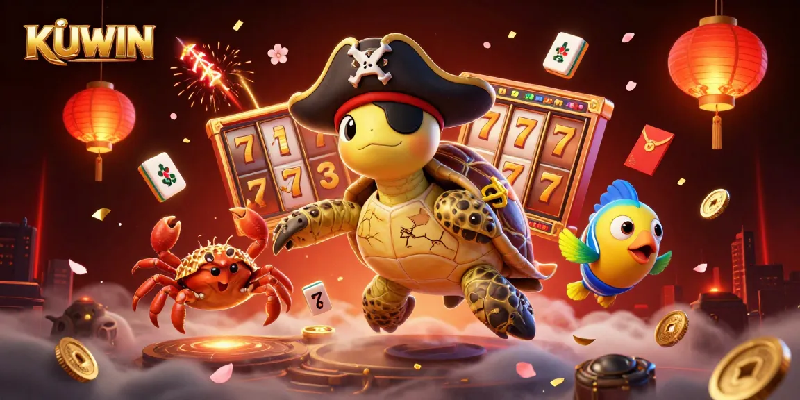 Engage with KUWIN's exciting gaming experience featuring a dynamic 3D scene of lucky slots, treasure, and colorful casino elements.