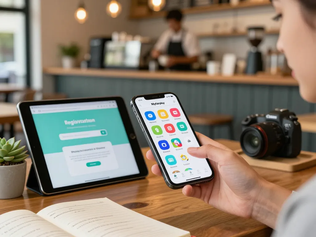 Myfairplay registration process on a smartphone in a cozy café setting with colorful app interface and engaging user features.