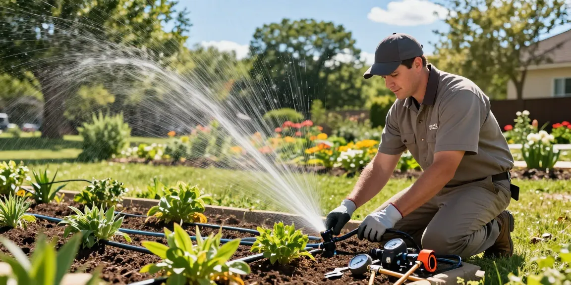 Professional Irrigation Services in Hudson oaks, TX technician repairing a sprinkler system in vibrant garden.