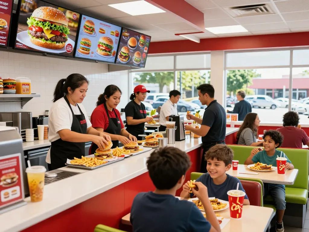 Fast food menu displayed in a lively restaurant with diners enjoying meals.
