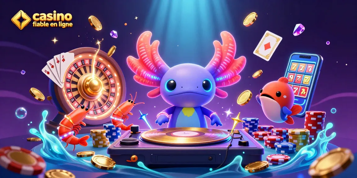 Jouer dans un casino fiable en ligne avec un DJ axolotl et des éléments de jeu colorés.