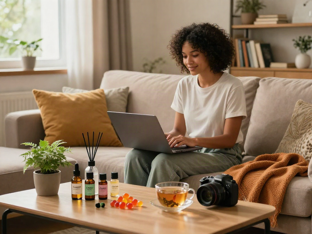 Exploring Camino cbd benefits in a cozy home environment with products showcased.