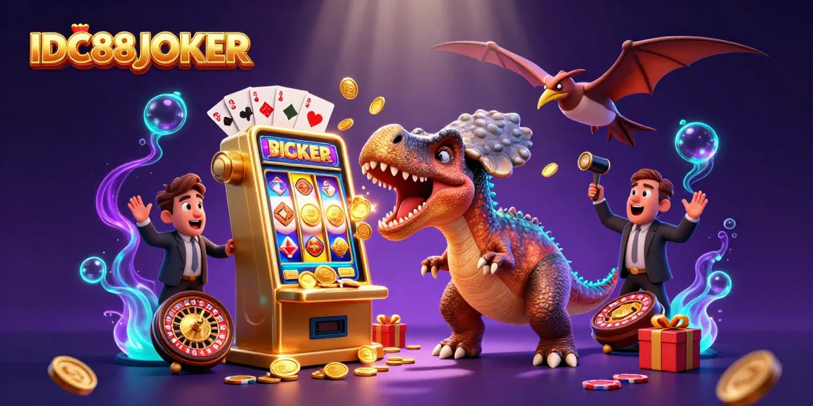Experience immersive gameplay with IDC88JOKER as cartoon dinosaurs interact with a slot machine, showcasing winnings and excitement in a vibrant casino scene.