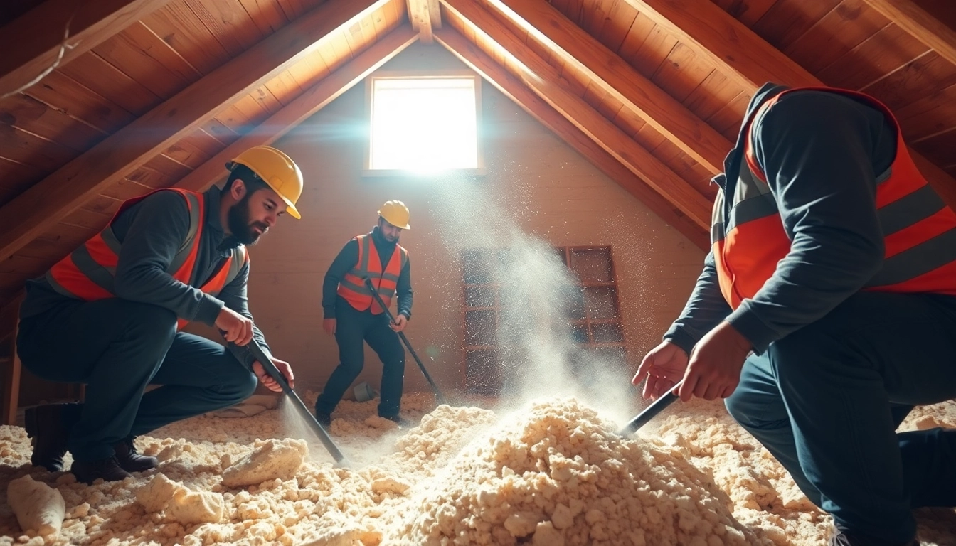 Expert roof insulation removal company team safely cleaning insulation in an attic space.