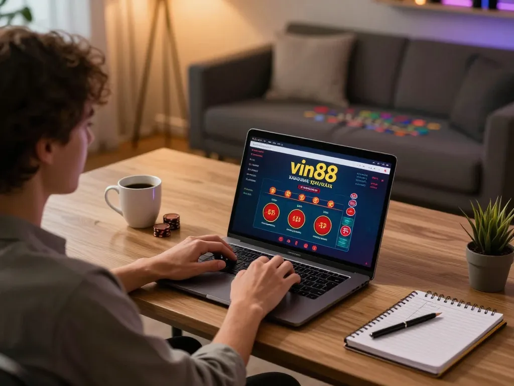 Person engaging in vin88 online blackjack game at home, showcasing responsible gaming atmosphere.