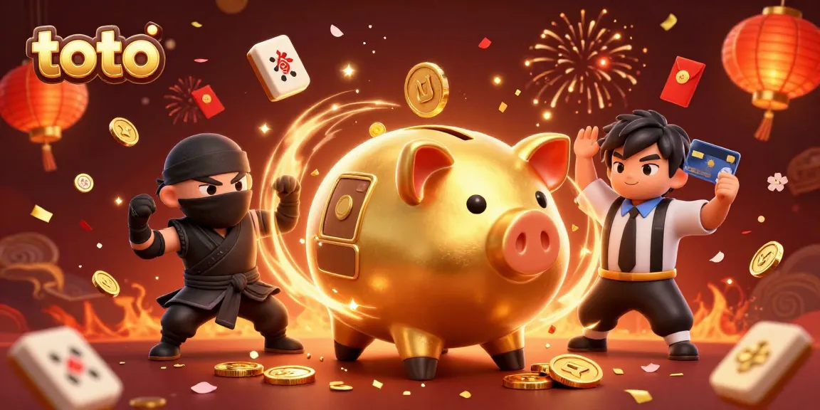 Memenangkan hadiah toto dengan gaya di kasino online, menampilkan celengan sumo emas dan dompet ninja.