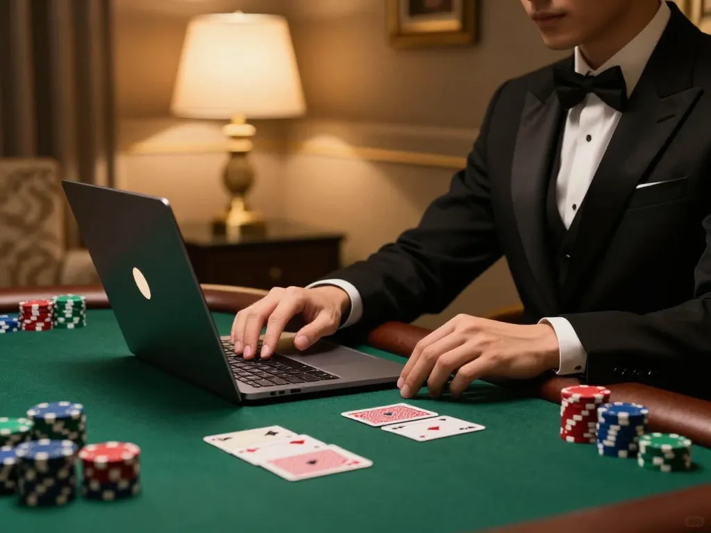 Engaging in high-stakes poker online at 23win with strategic gameplay in a cozy home setting.