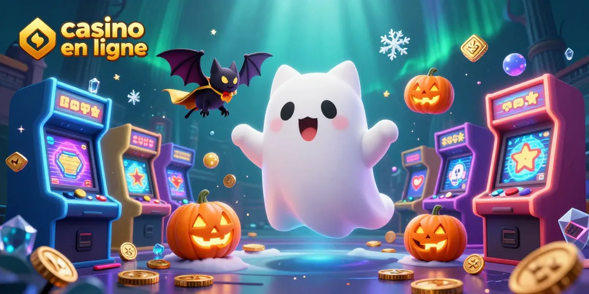 Jouez sur un casino en ligne avec un chat fantôme, une chauve-souris, et des éléments de jeu.