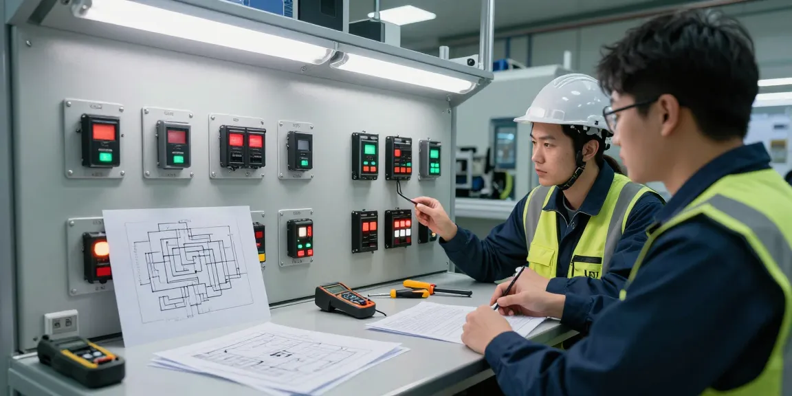 Engineer inspecting advanced panel switch in industrial workspace