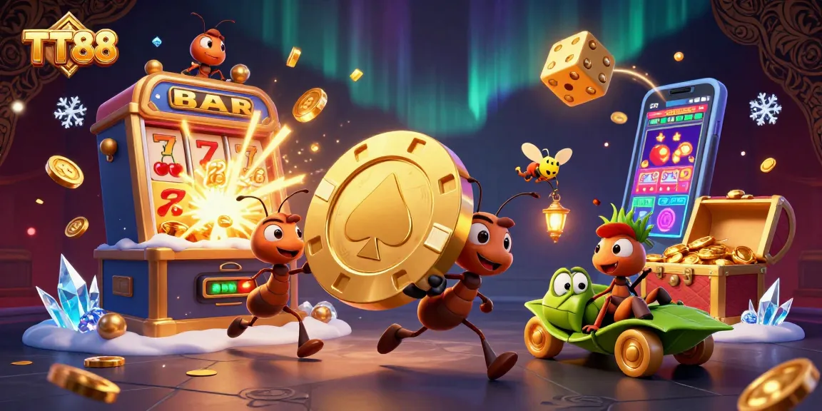 TT88 showcases a dynamic heist scene with ants, vibrant slot games, and casino excitement.