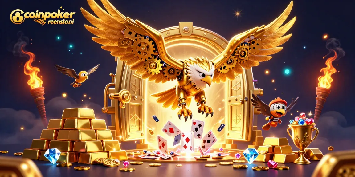 Gioca a poker crypto con Coinpoker recensioni in un'illustrazione 3D ricca di dettagli, tra carte e tesori d'oro.