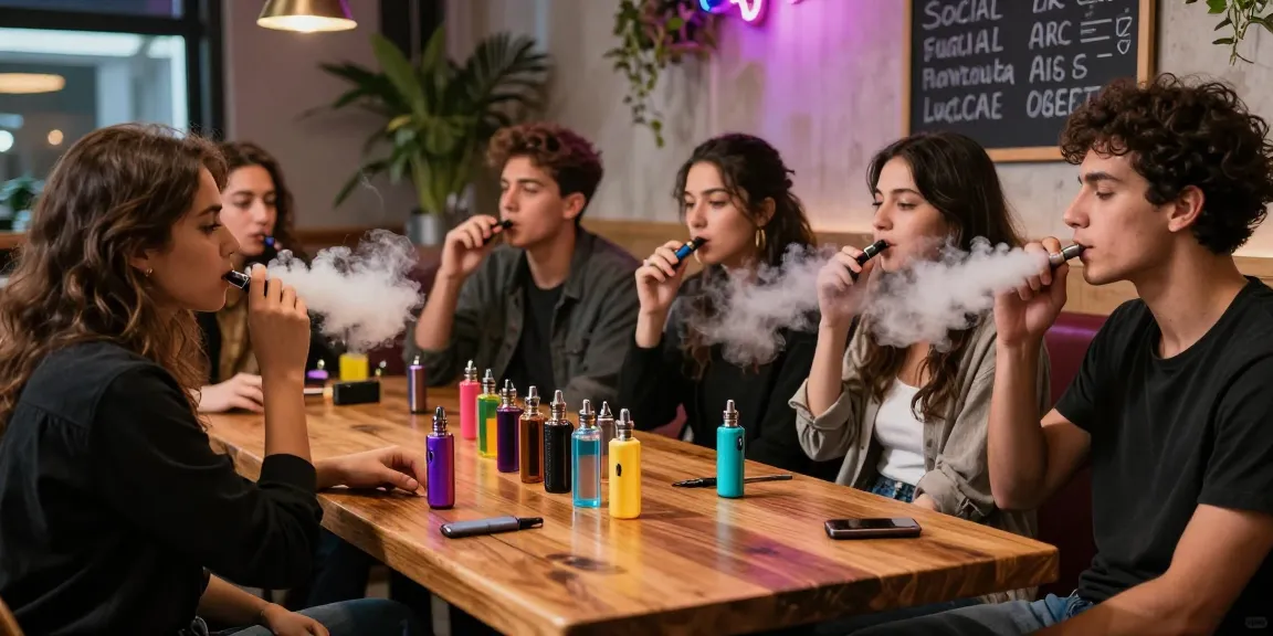 Vape lounge atmosphere with friends enjoying electronic cigars and colorful 電子煙油 bottles on the table, showcasing modern vaping culture.