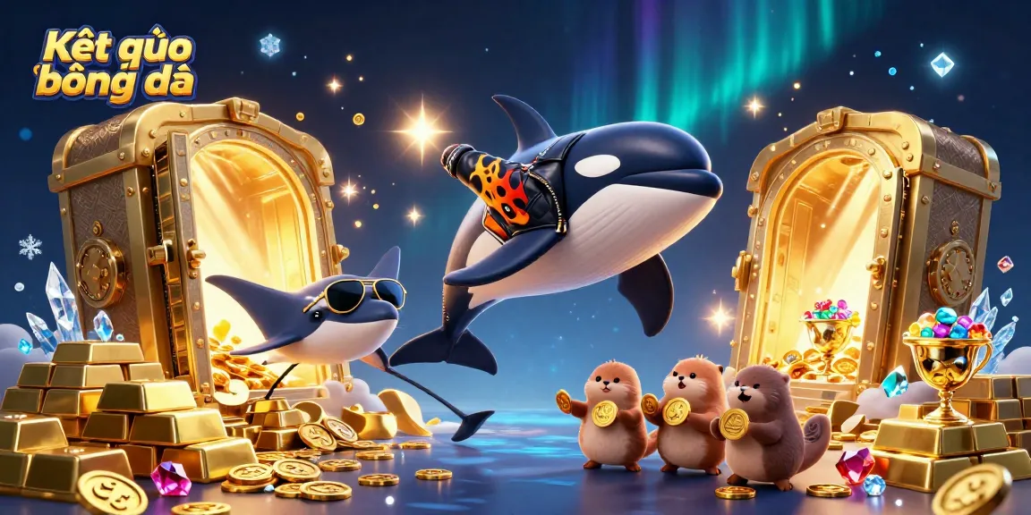 Experience Kết quả bóng đá with a vibrant 3D scene featuring cartoon characters surrounded by treasures and gambling elements.
