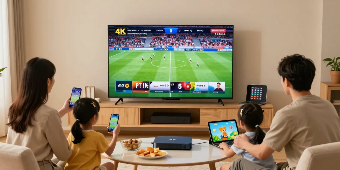 Profitez d'un essai gratuit iptv avec une famille regardant la télévision en direct en 4K.