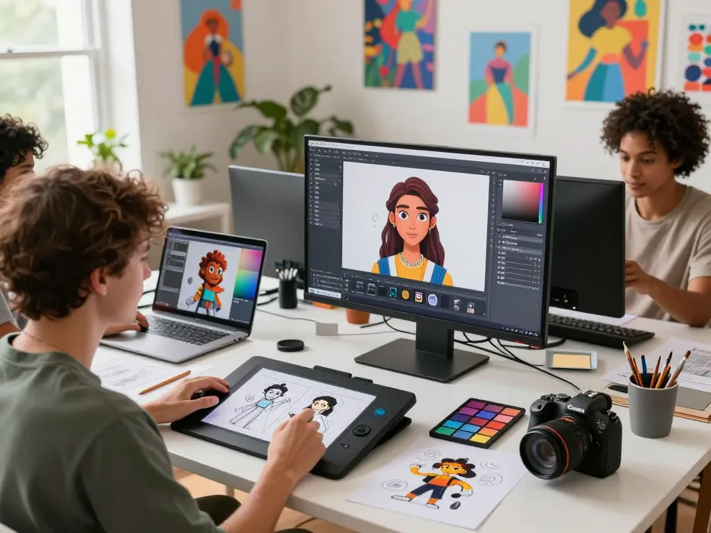 Dynamic digital art studio creating unique 18+ ai characters with vibrant energy and collaboration.