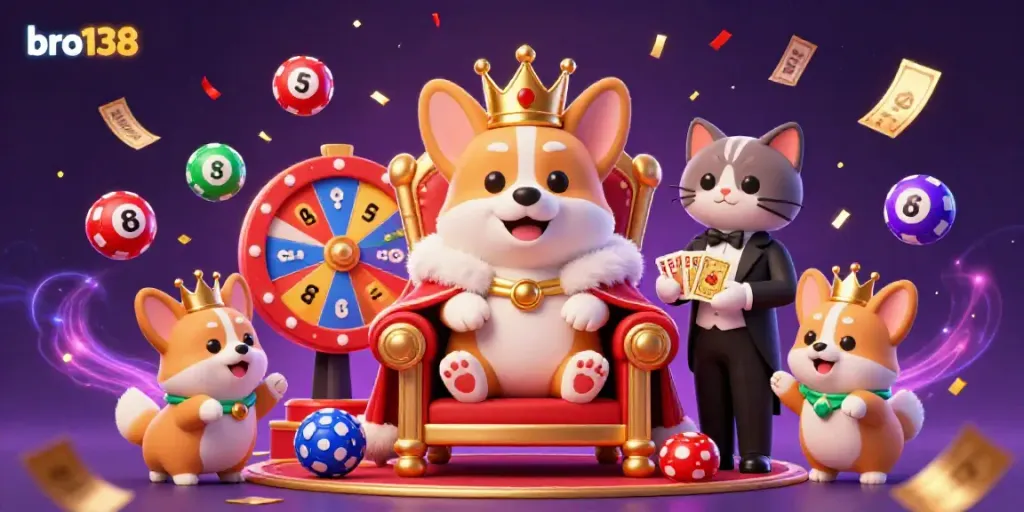 Experience winning at bro138 with a royal corgi sitting on a poker chip throne amidst colorful lottery excitement.