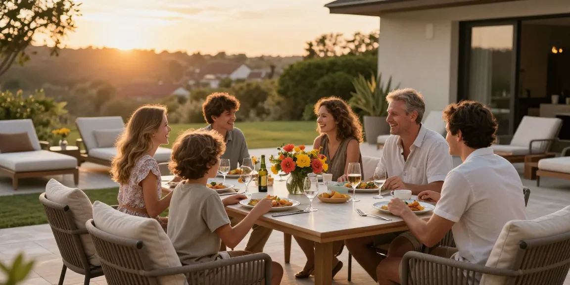 Luxury patio furniture setting with family dining al fresco, elegant outdoor loungers, inviting atmosphere for gatherings.