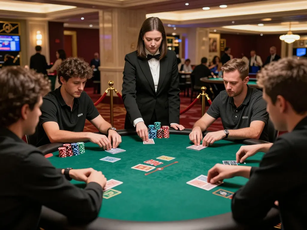 LLwin players strategizing in an upscale casino poker game, showcasing intense focus and competition.