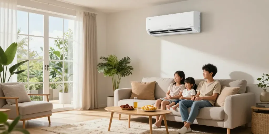 A family enjoying a comfortable living room with a mini split 12000 btu air conditioner providing cool air.