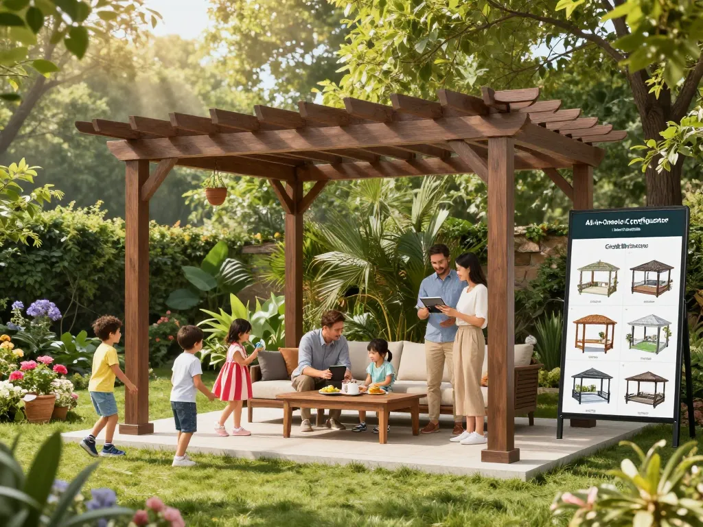 Interactive family gathering under a stunning pergola, showcasing the All-in-One pergola Configurator in action.