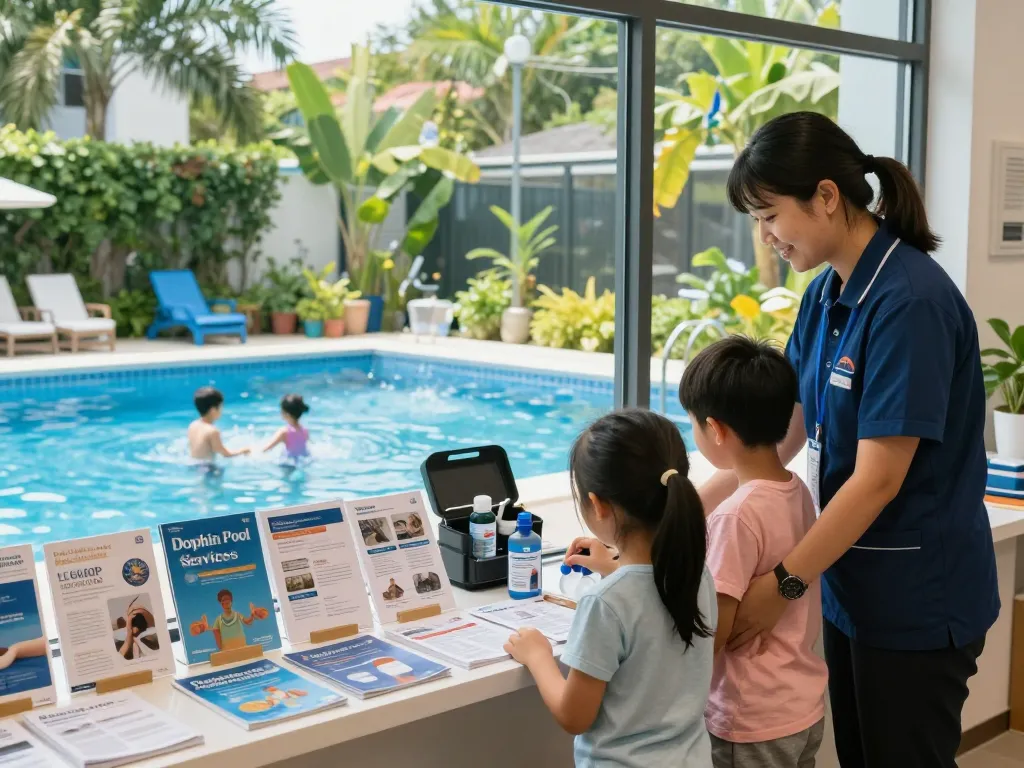 Dolphin Pool Services staff assisting a family in a bright showroom filled with pool products and a view of a sparkling pool.