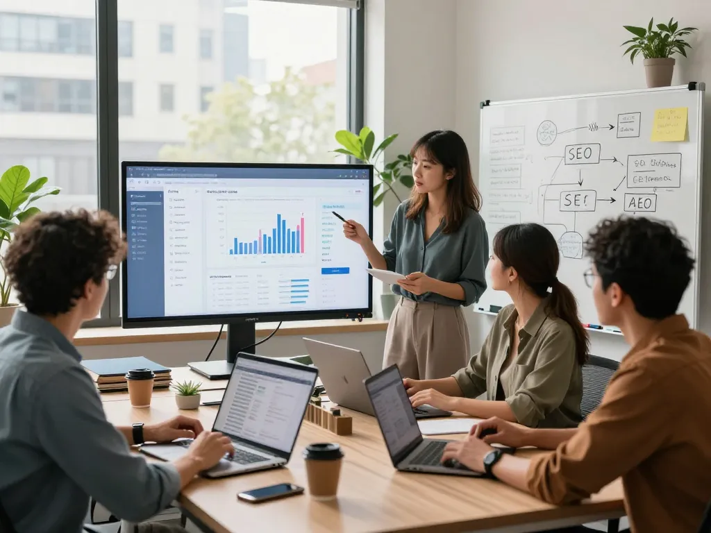 SEO Company in NYC team collaborating on digital marketing strategies in a modern workspace